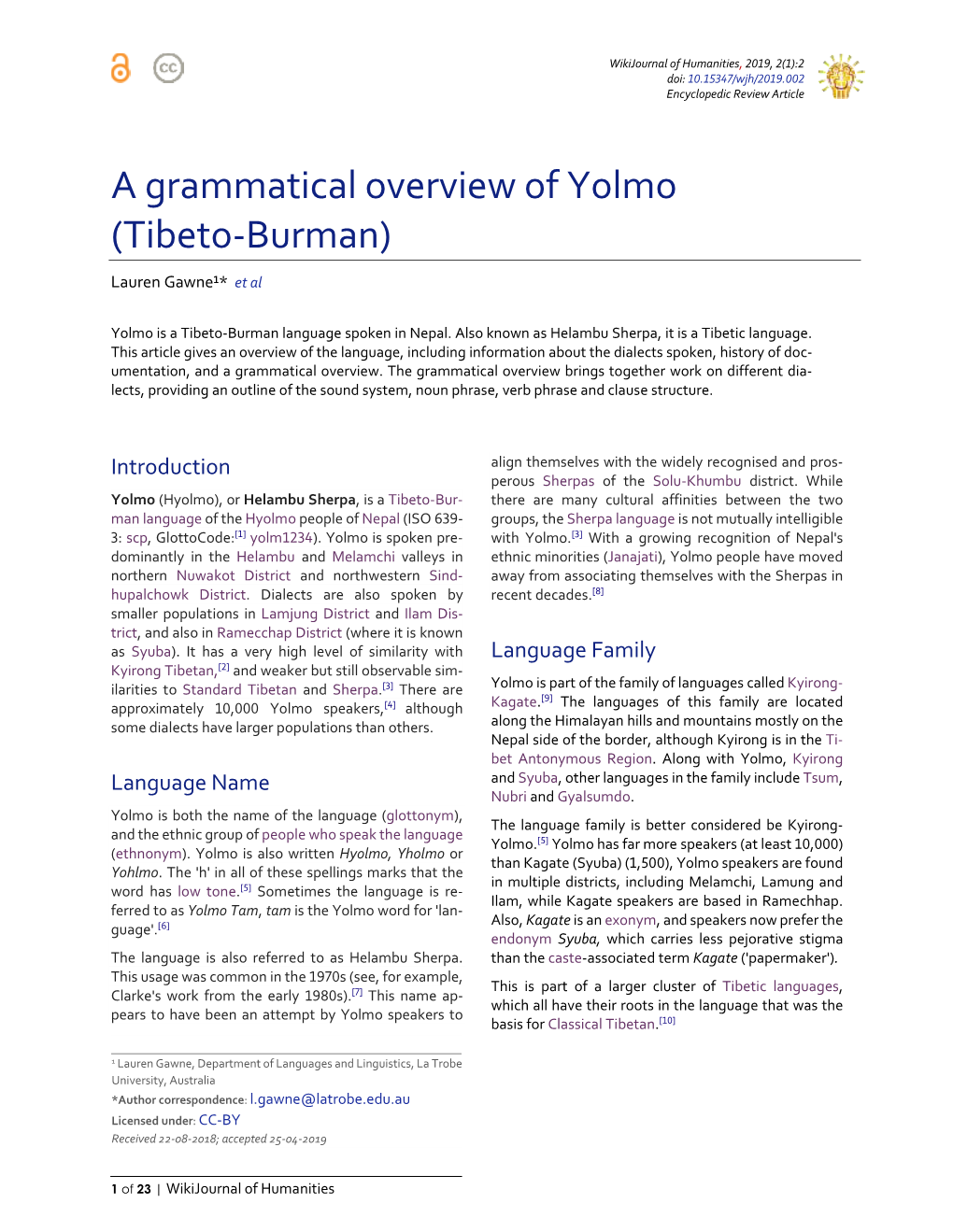 A Grammatical Overview of Yolmo (Tibeto-Burman)