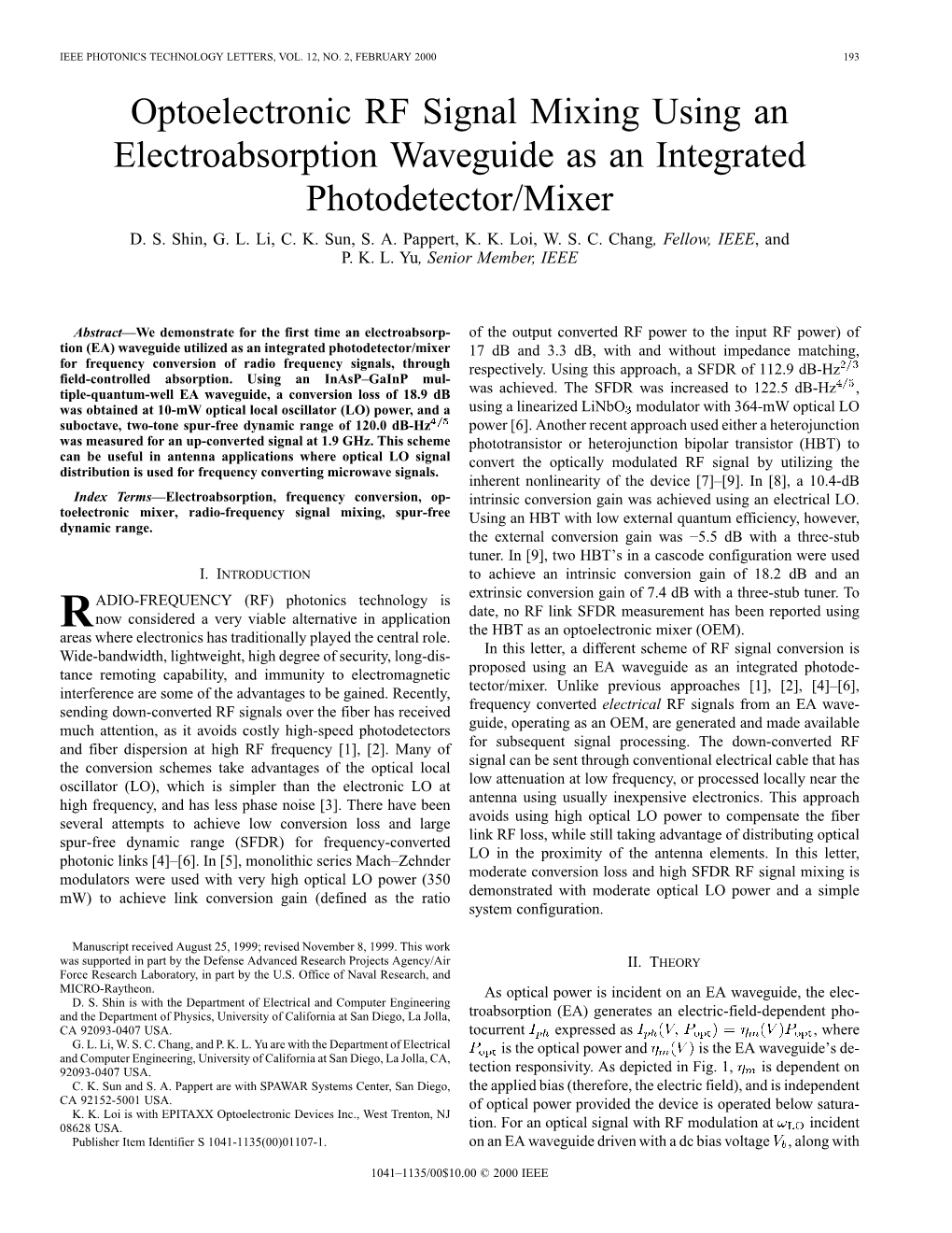 Optoelectronic RF Signal Mixing Using an Electroabsorption Waveguide As an Integrated Photodetector/Mixer D