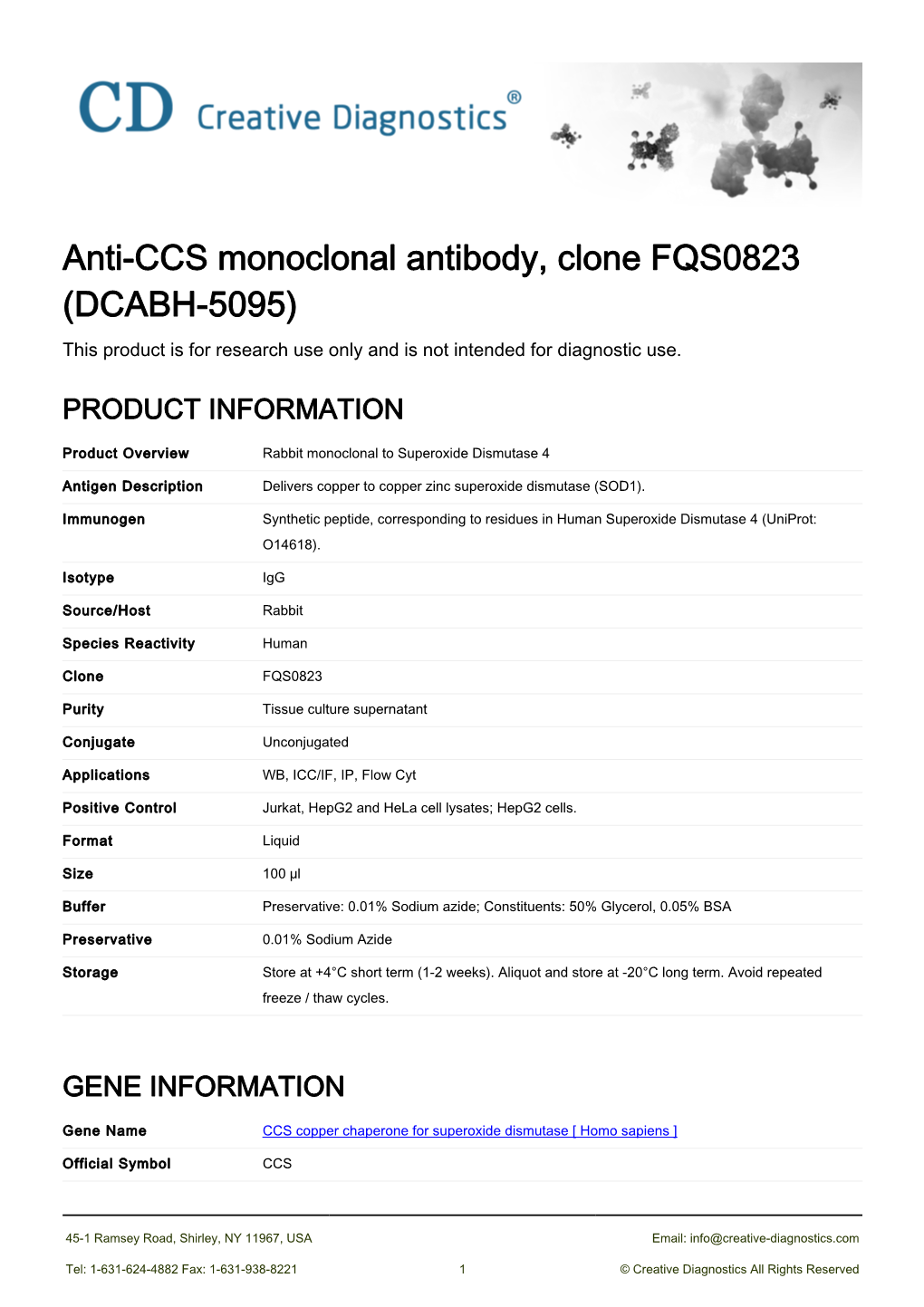 Anti-CCS Monoclonal Antibody, Clone FQS0823 (DCABH-5095) This Product Is for Research Use Only and Is Not Intended for Diagnostic Use
