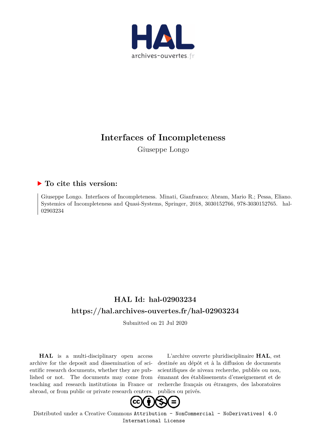 Interfaces of Incompleteness Giuseppe Longo