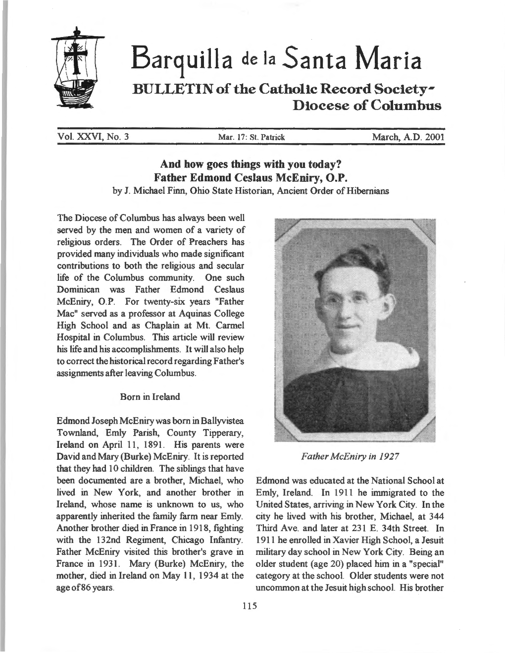 Barquilla De Ia Santa Maria BULLETIN of the Catholic Record Society­ Diocese of Columbus