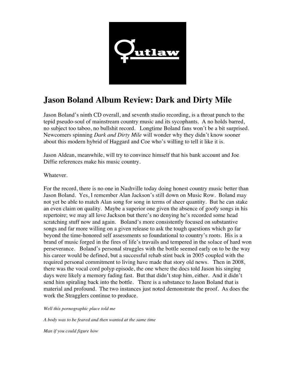 Jason Boland Album Review: Dark and Dirty Mile