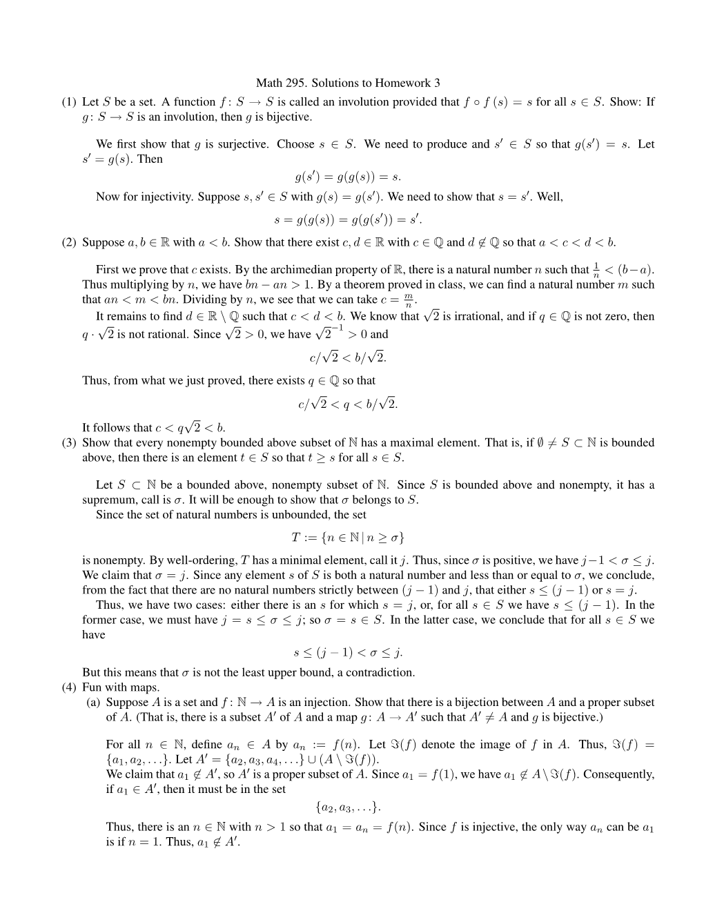 Math 295. Solutions to Homework 3 (1) Let S Be a Set