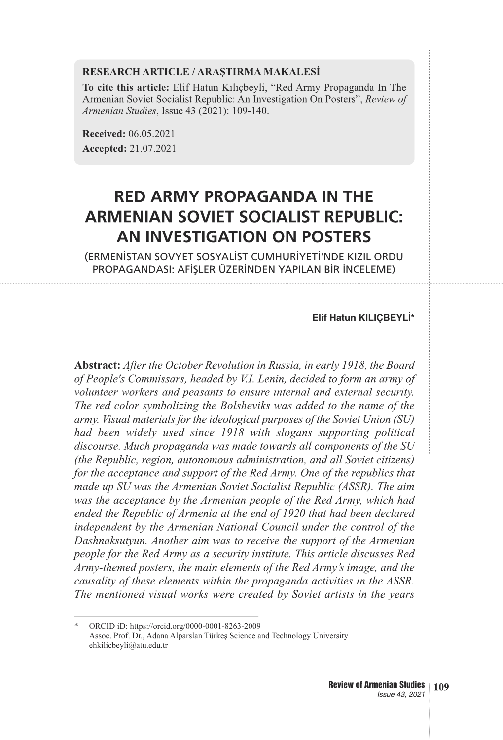 Red Army Propaganda in the Armenian Soviet Socialist Republic: an Investigation on Posters”, Review of Armenian Studies, Issue 43 (2021): 109-140