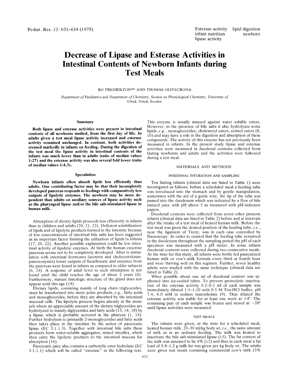 Decrease of Lipase and Esterase Activities in Intestinal Contents of Newborn Infants During Test Meals