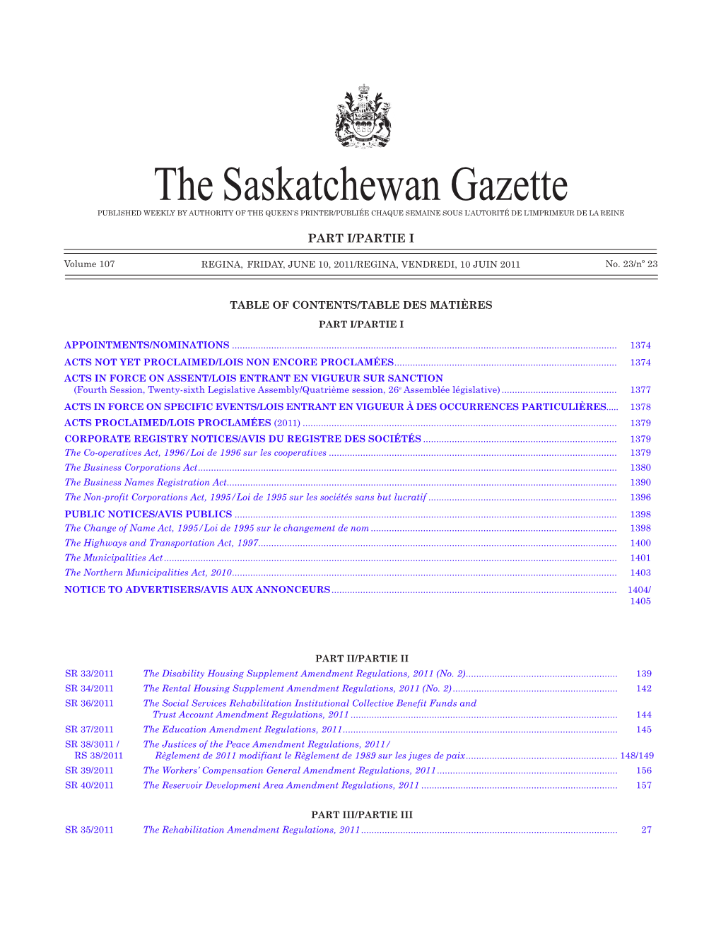 The Saskatchewan Gazette, June 10, 2011 1373