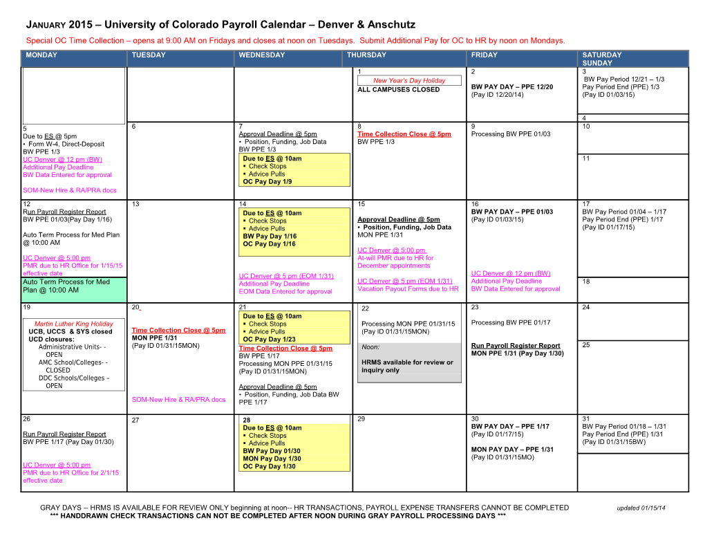 JANUARY 2009 University of Colorado Payroll Calendar PBS MASTER