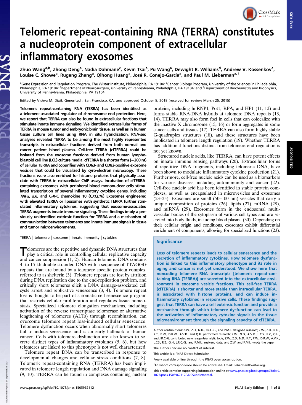 TERRA) Constitutes PNAS PLUS a Nucleoprotein Component of Extracellular Inflammatory Exosomes