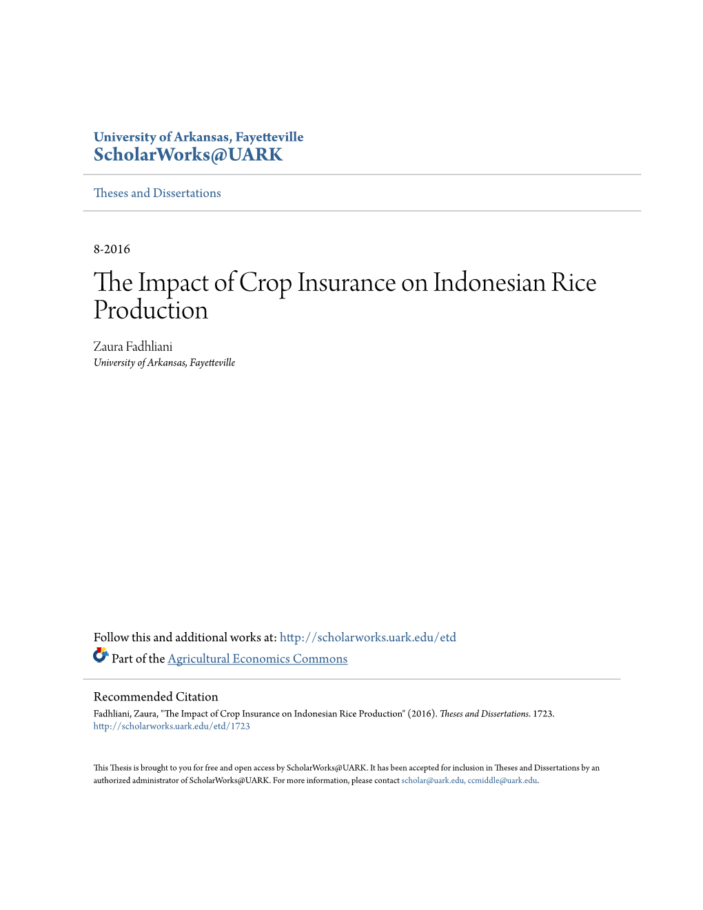 The Impact of Crop Insurance on Indonesian Rice Production