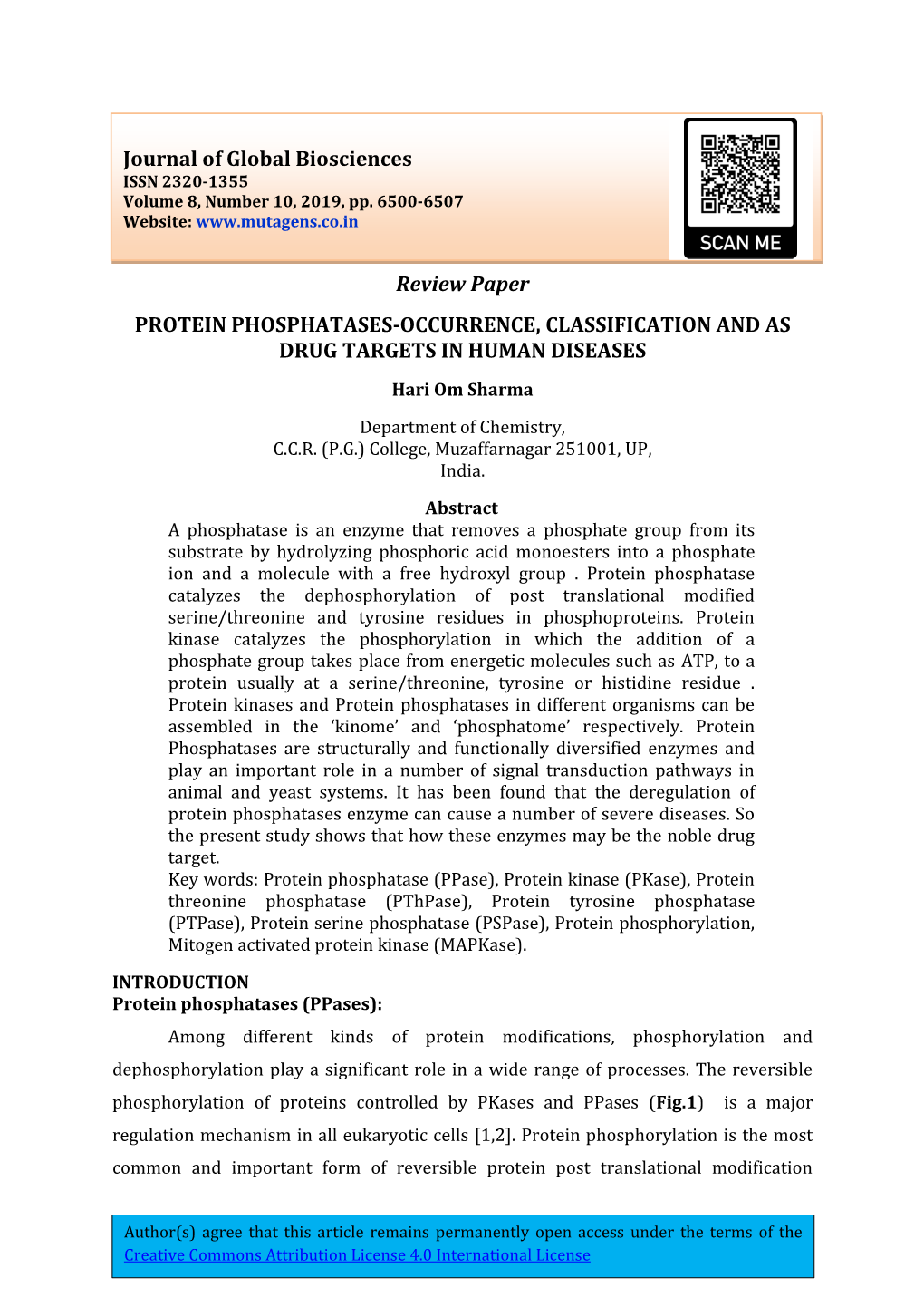 Review Paper PROTEIN PHOSPHATASES-OCCURRENCE, CLASSIFICATION and AS DRUG TARGETS in HUMAN DISEASES Hari Om Sharma