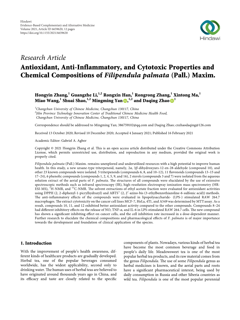Research Article Antioxidant, Anti-Inflammatory, and Cytotoxic Properties and Chemical Compositions of Filipendula Palmata (Pall.) Maxim