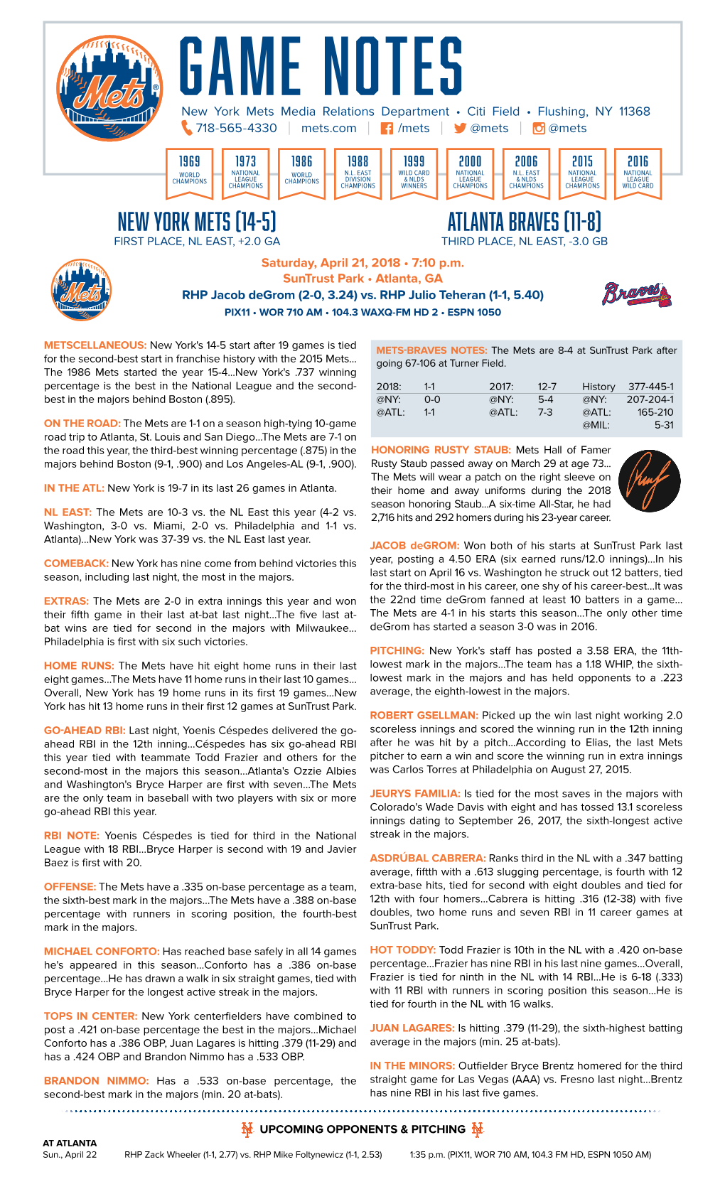 GAME NOTES New York Mets Media Relations Department • Citi Field • Flushing, NY 11368 718-565-4330 | Mets.Com | /Mets | @Mets | @Mets