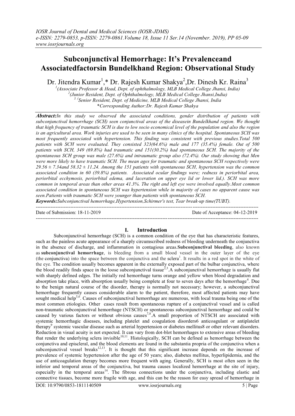 Subconjunctival Hemorrhage: It’S Prevalenceand Associatedfactorsin Bundelkhand Region: Observational Study