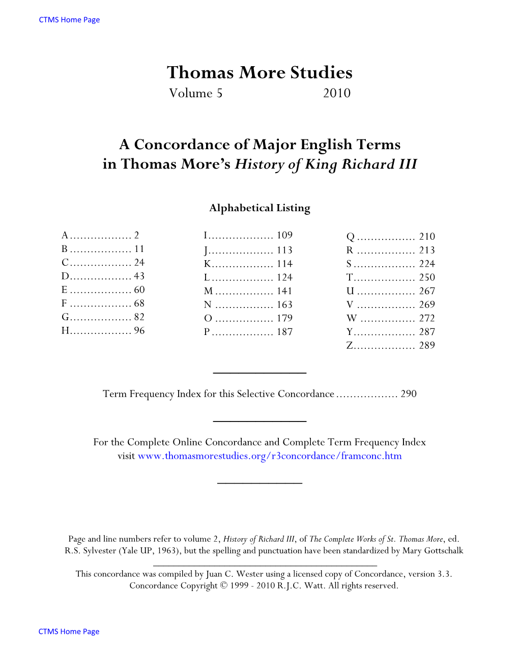 Thomas More Studies 5 (2010): Concordance of Major English