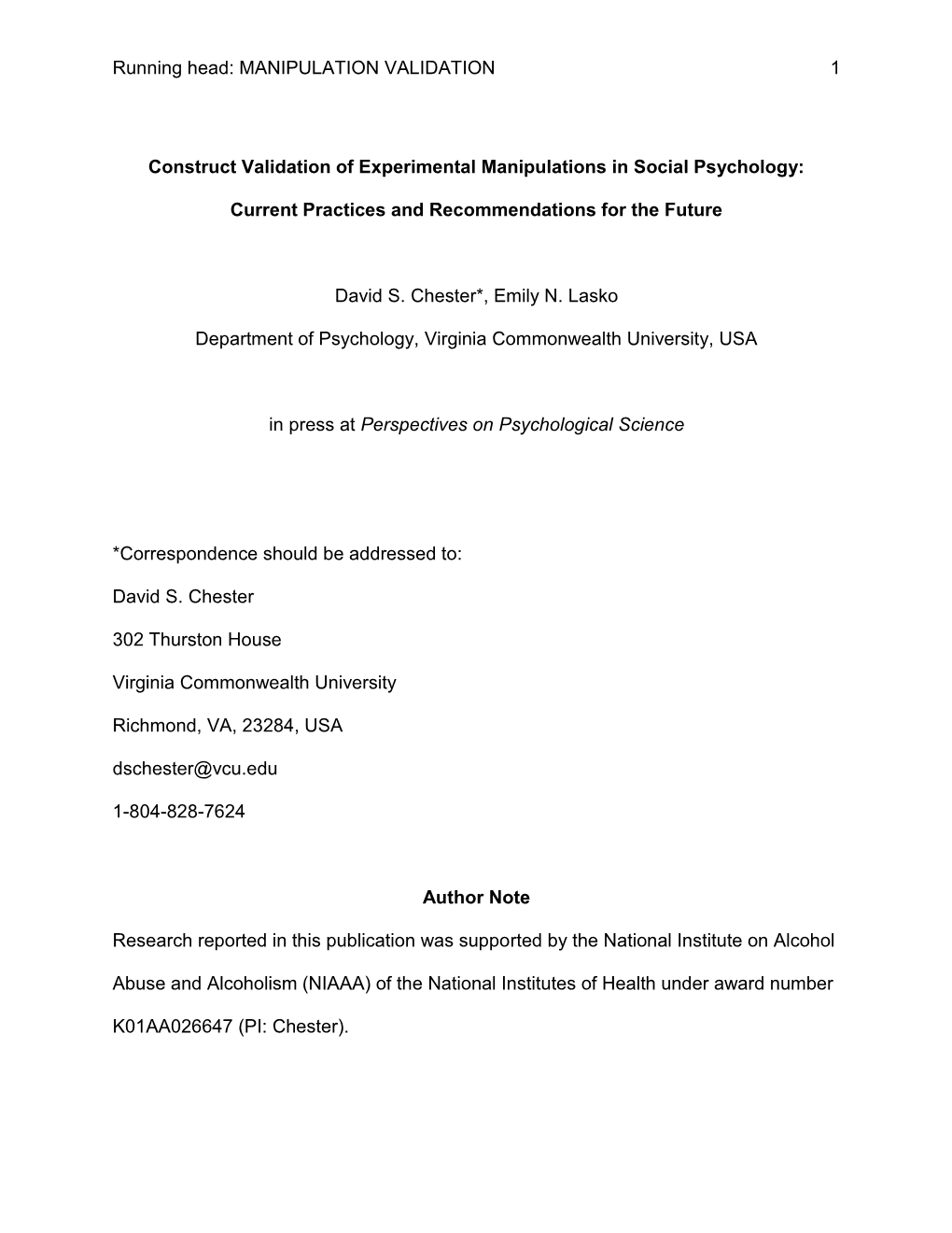 MANIPULATION VALIDATION 1 Construct Validation of Experimental Manipulations in Social Psychology