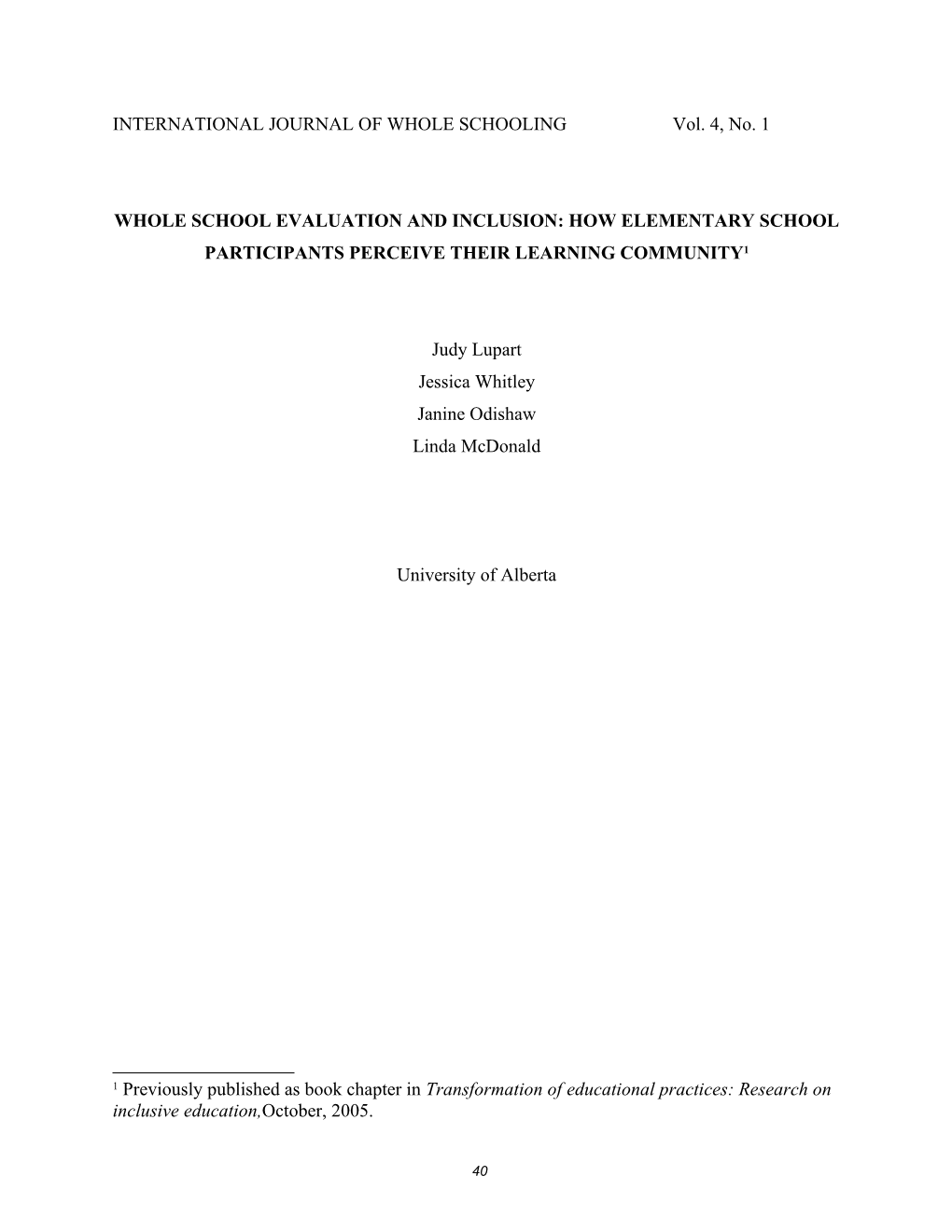 INTERNATIONAL JOURNAL of WHOLE SCHOOLING Vol. 4, No. 1