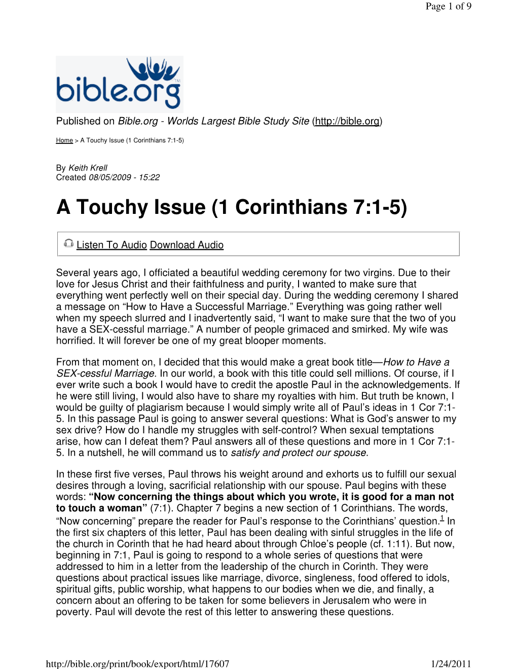 A Touchy Issue (1 Corinthians 7:1-5)