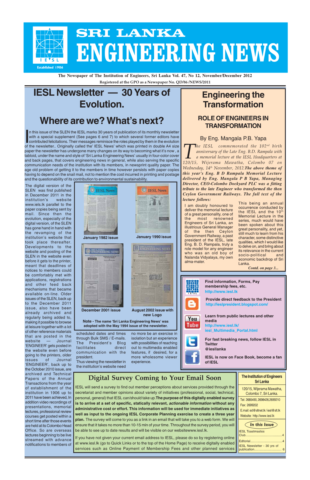 ENGINEERING NEWS Established 1906 the Newspaper of the Institution of Engineers, Sri Lanka Vol