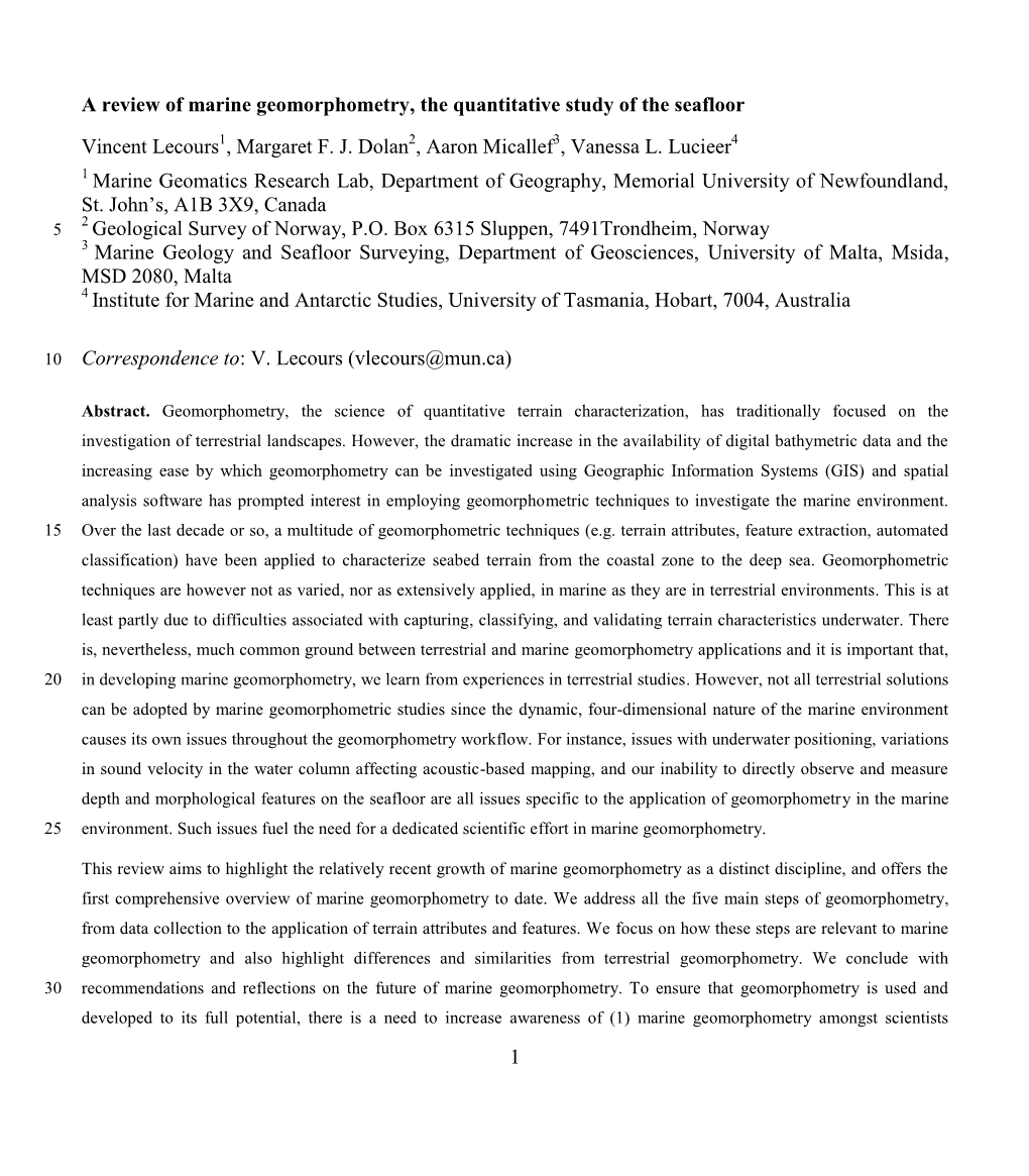 1 a Review of Marine Geomorphometry, the Quantitative Study of The