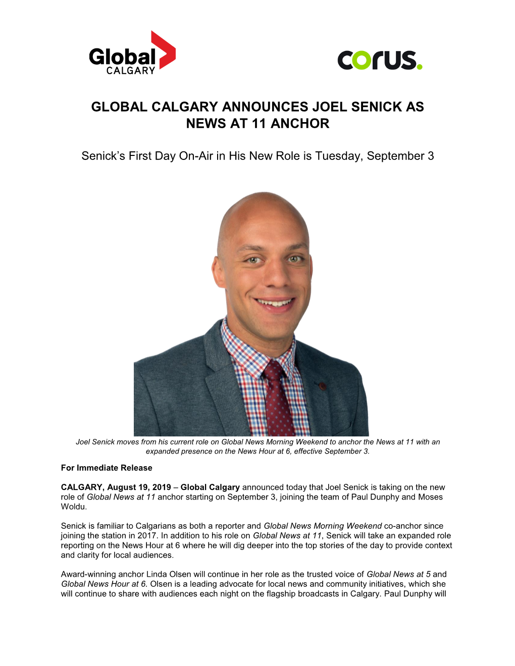 Global Calgary Announces Joel Senick As News at 11 Anchor