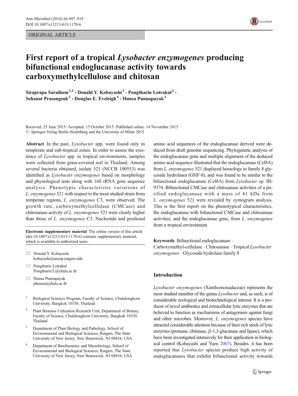 First Report of a Tropical Lysobacter Enzymogenes Producing Bifunctional Endoglucanase Activity Towards Carboxymethylcellulose and Chitosan