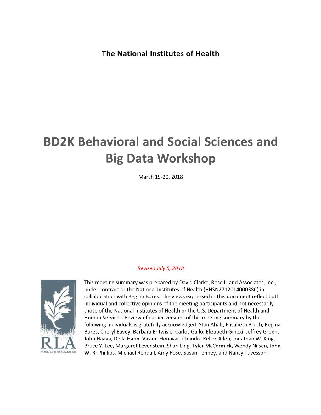 The BD2K Behavioral and Social Sciences and Big Data Workshop