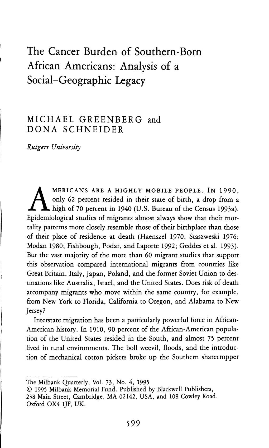 The Cancer Burden of Southern-Born African Americans: Analysis of a Social-Geographic Legacy