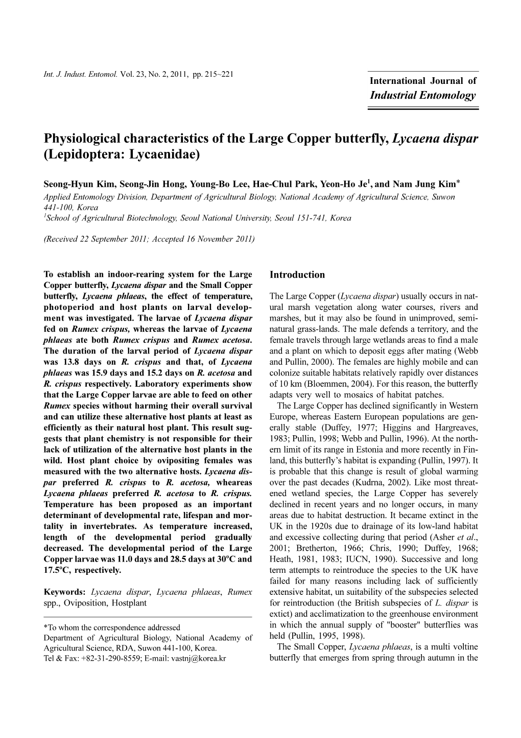 Physiological Characteristics of the Large Copper Butterfly, Lycaena Dispar (Lepidoptera: Lycaenidae)