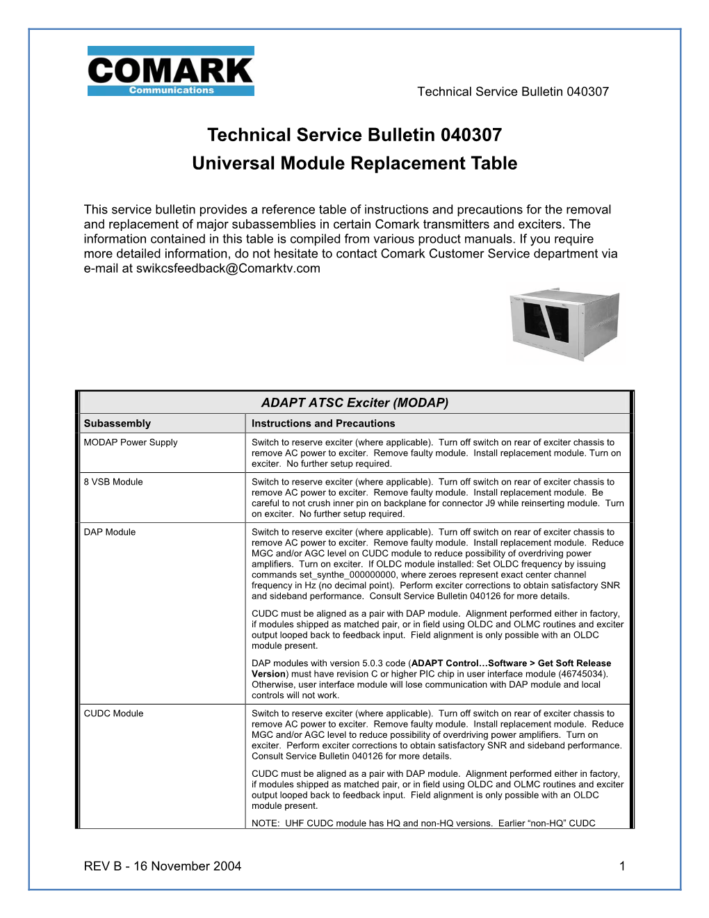 Technical Service Bulletin 040307 Universal Module Replacement Table