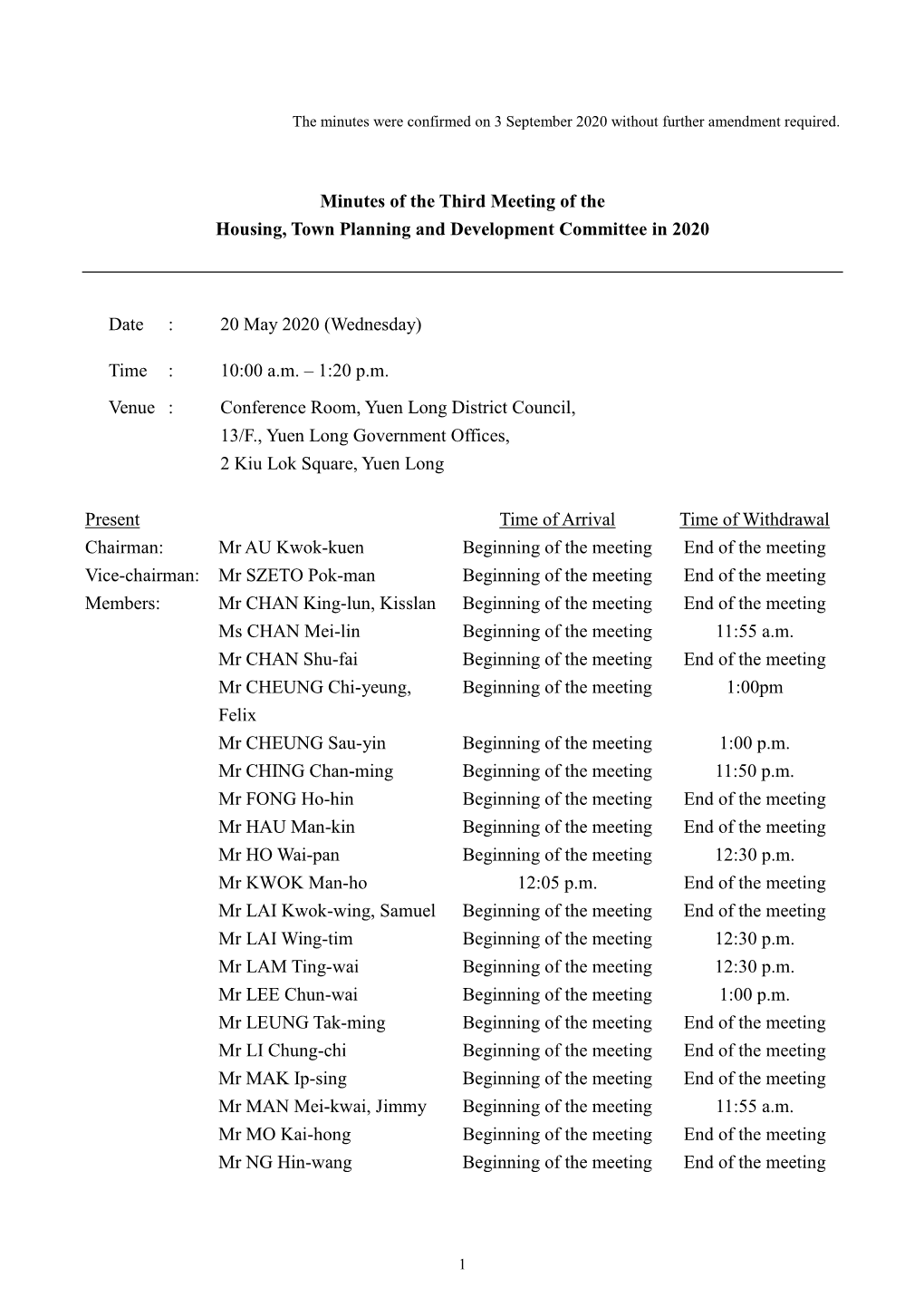 Minutes of the Third Meeting of the Housing, Town Planning and Development Committee in 2020