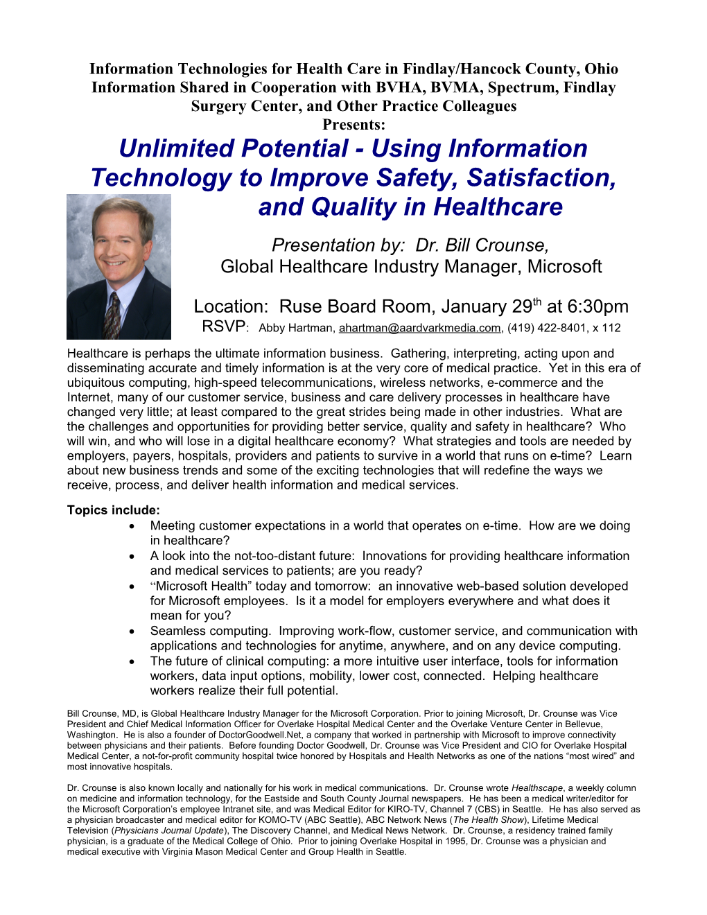 Information Technologies for Health Care in Findlay/Hancock County, Ohio Information Shared