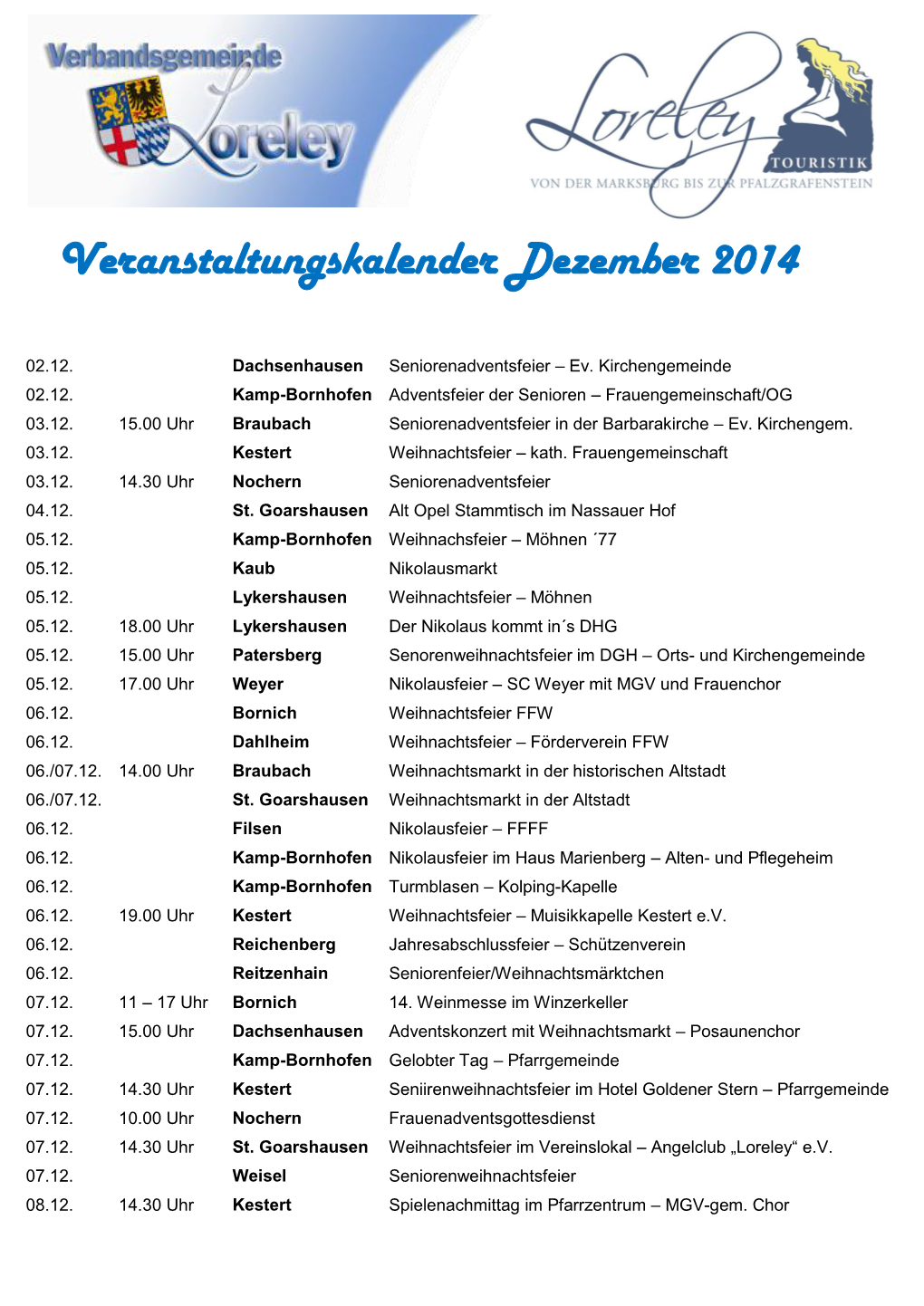 Veranstaltungskalender Dezember 2014