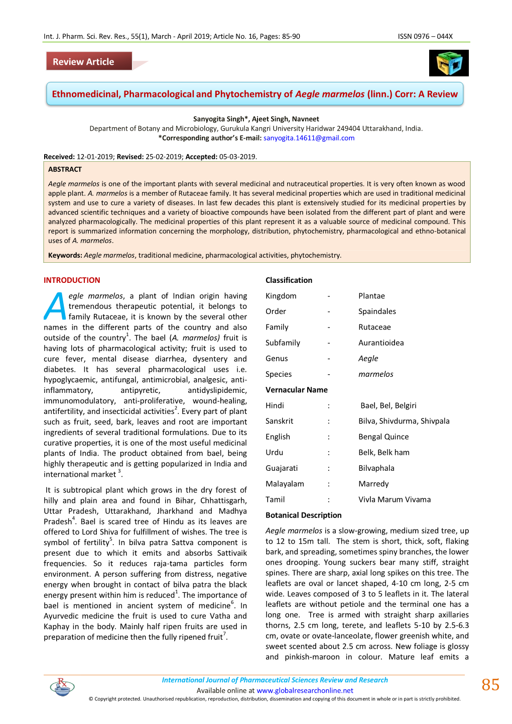 Ethnomedicinal, Pharmacological and Phytochemistry of Aegle Marmelos (Linn.) Corr: a Review