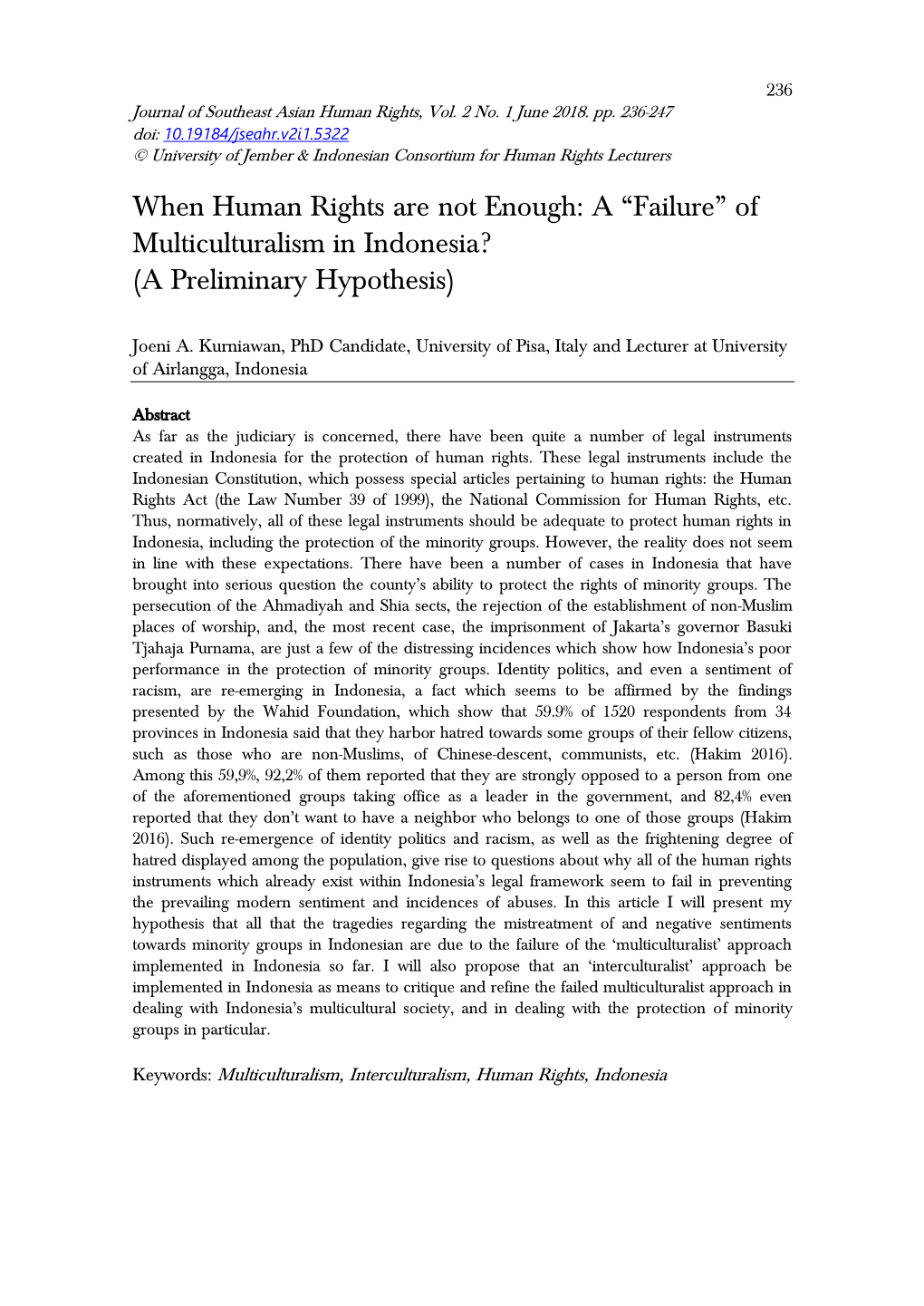 Of Multiculturalism in Indonesia? (A Preliminary Hypothesis)