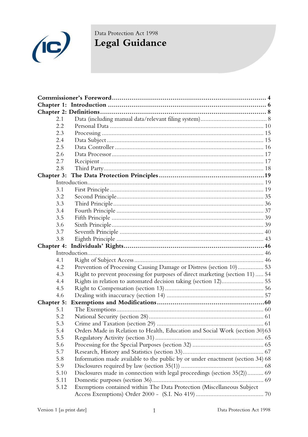 Data Protection Act 1998 – Legal Guidance