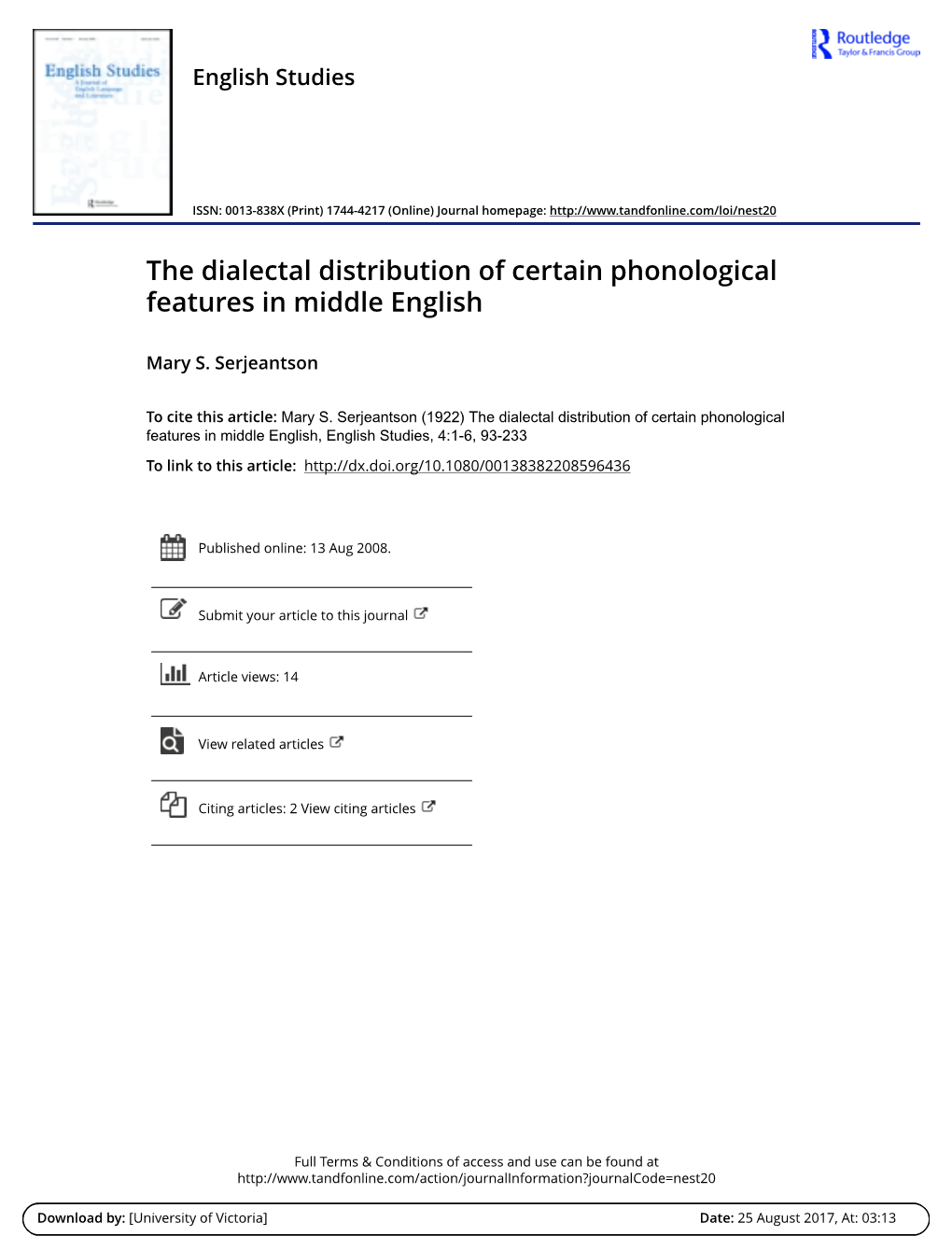 The Dialectal Distribution of Certain Phonological Features in Middle English