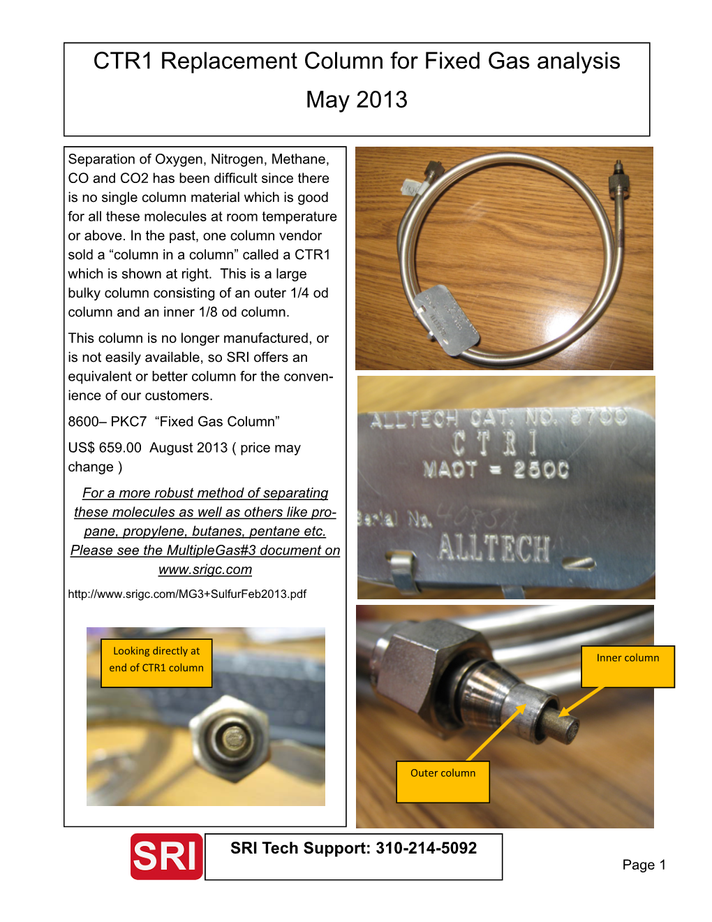 CTR1 Replacement Column for Fixed Gas Analysis May 2013