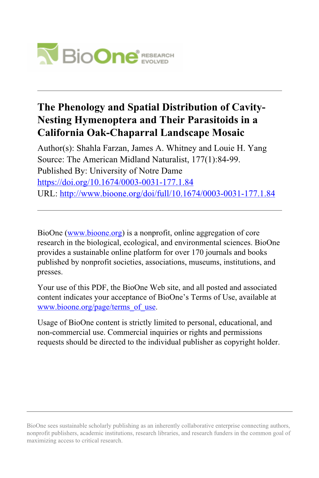 The Phenology and Spatial Distribution of Cavity- Nesting