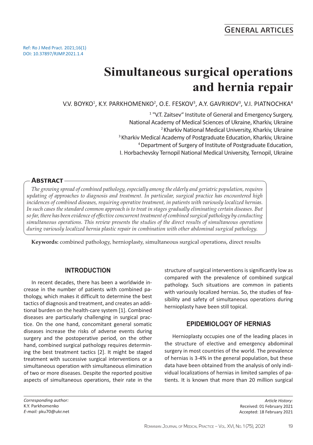 Simultaneous Surgical Operations and Hernia Repair V.V