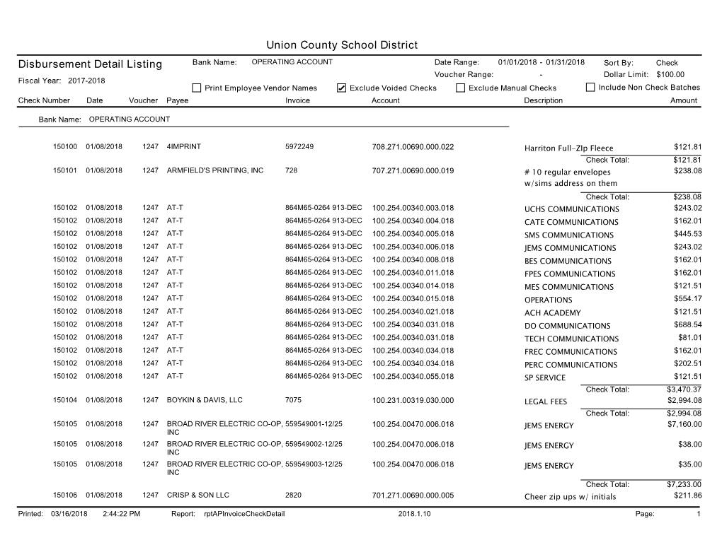 Union County School District Disbursement Detail Listing