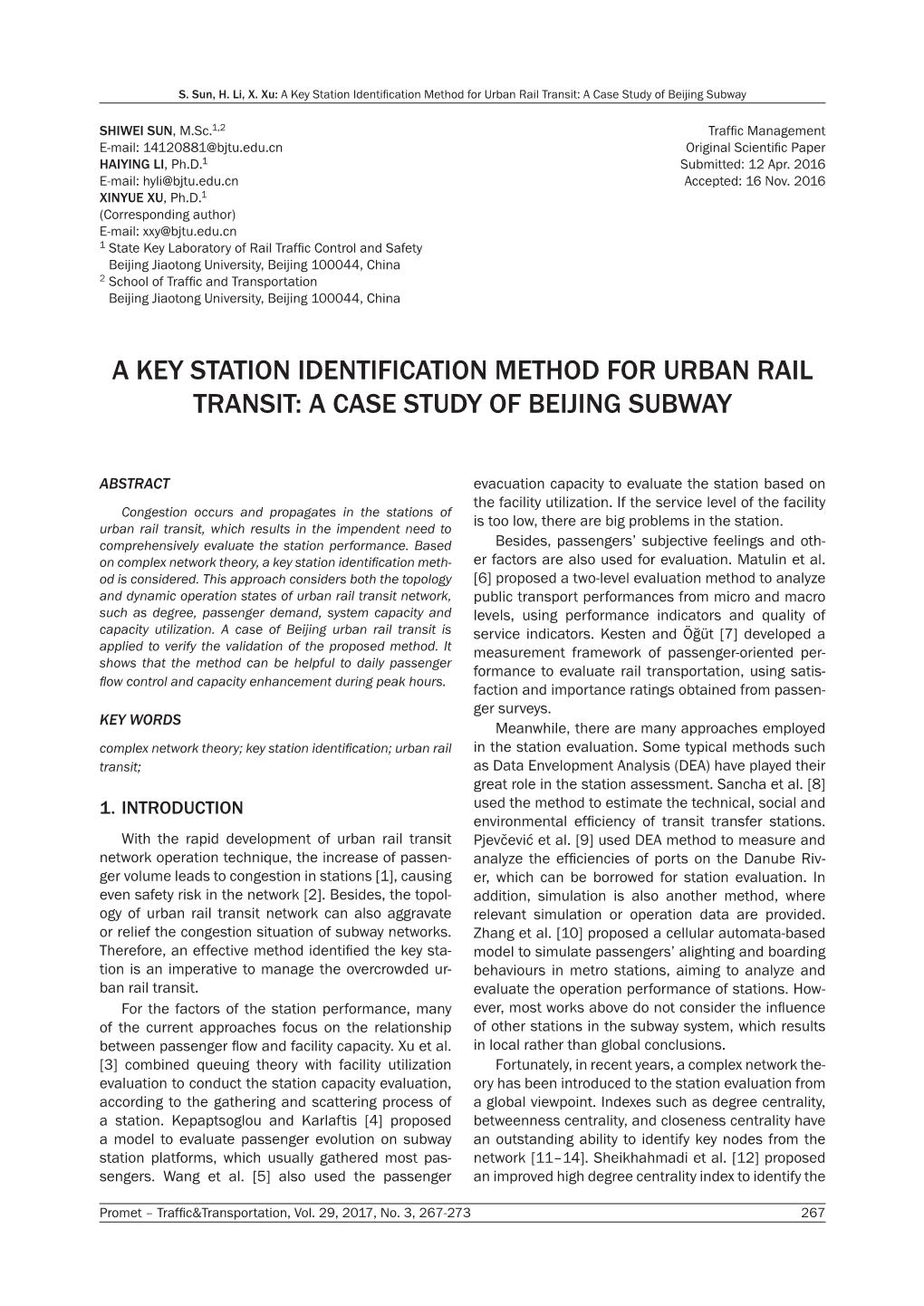 A Key Station Identification Method for Urban Rail Transit: a Case Study of Beijing Subway