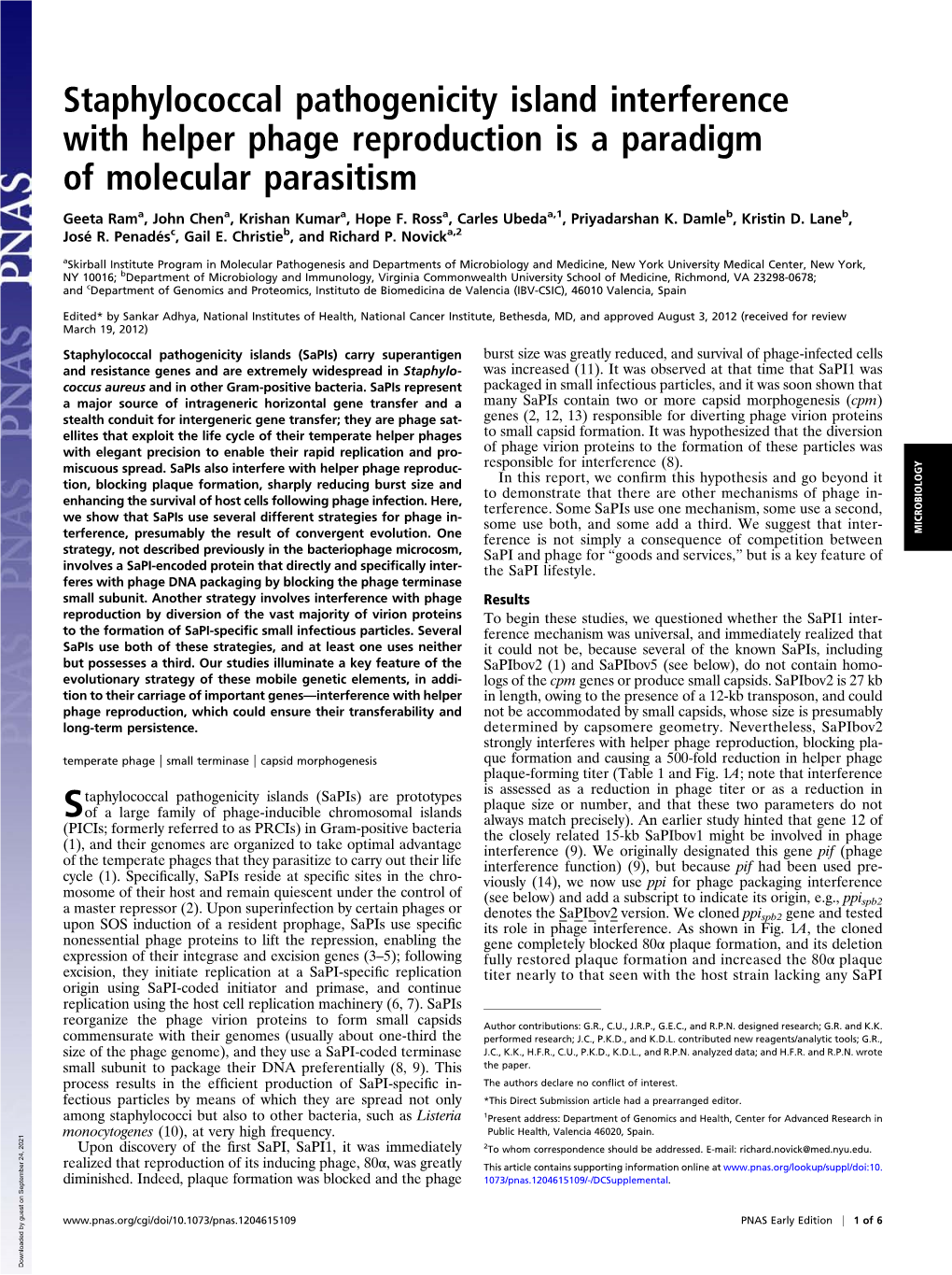 Staphylococcal Pathogenicity Island Interference with Helper Phage Reproduction Is a Paradigm of Molecular Parasitism