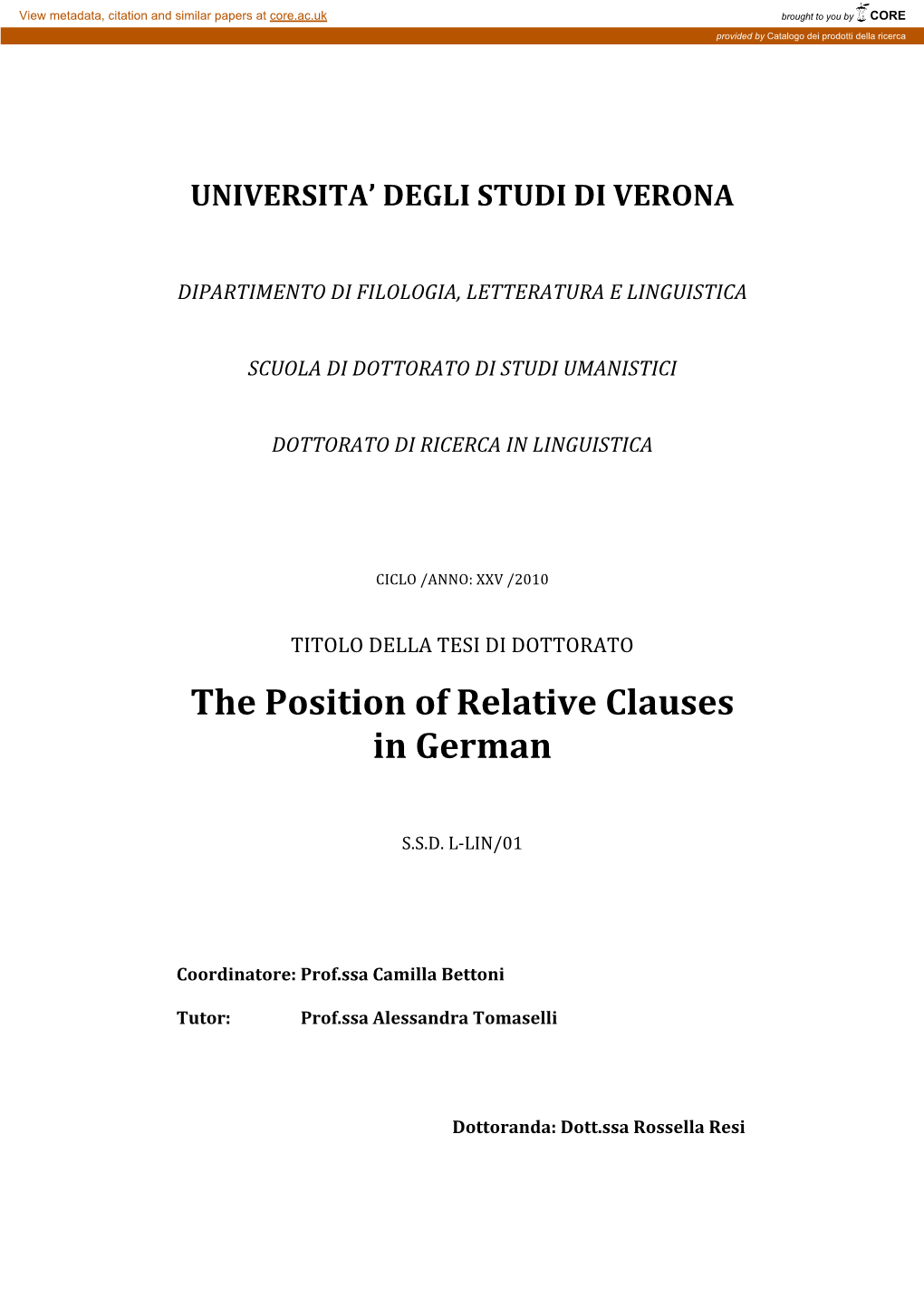 Resi Rossella the Position of Relative Clauses in German Phd