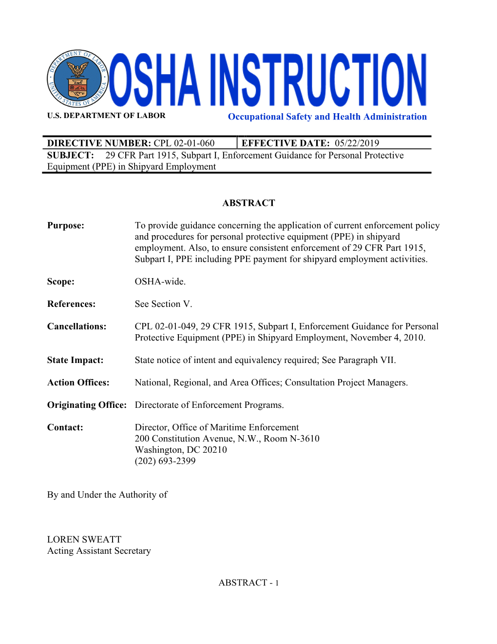 29 CFR Part 1915, Subpart I, Enforcement Guidance for Personal Protective Equipment (PPE) in Shipyard Employment