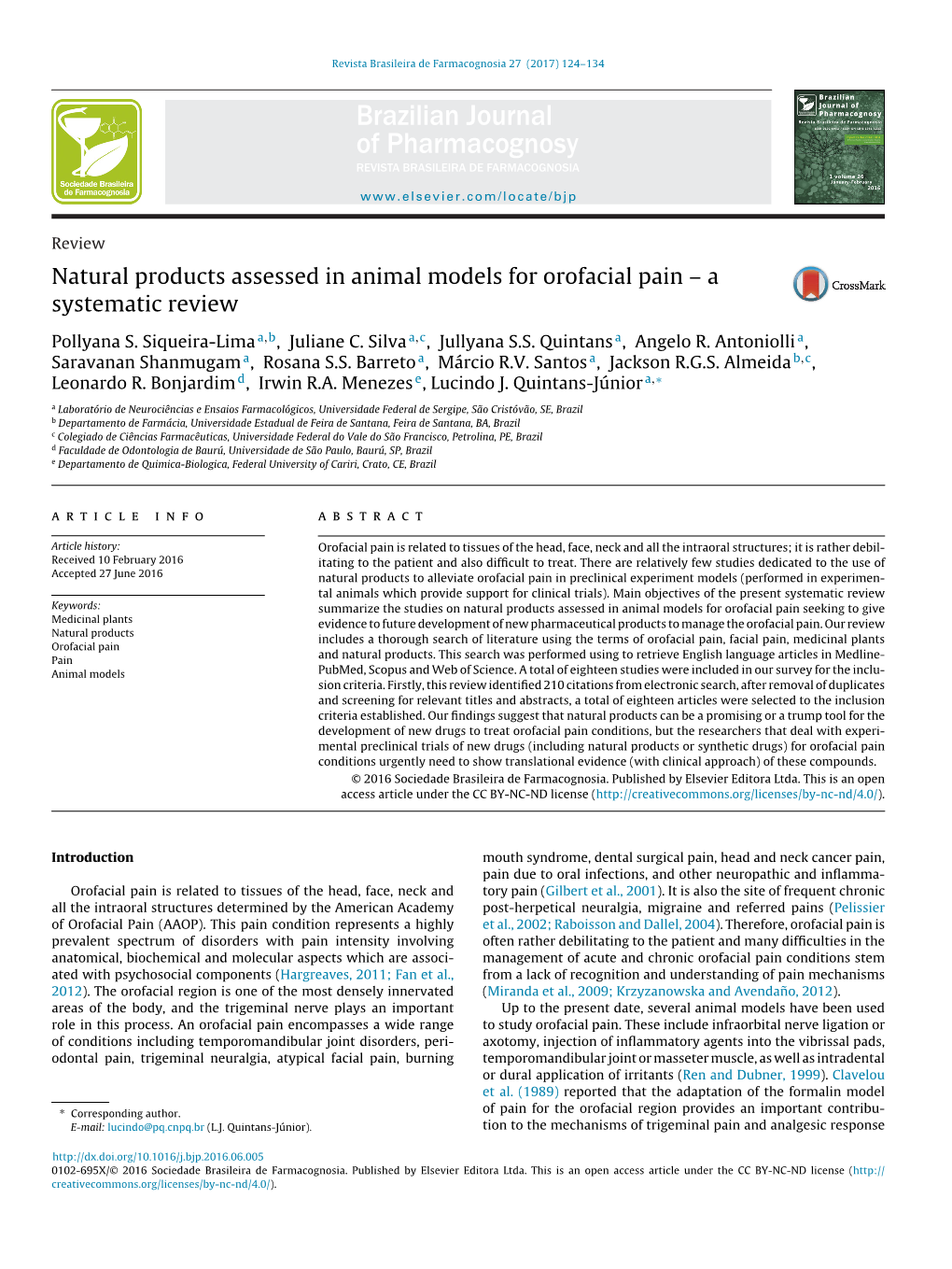 Natural Products Assessed in Animal Models for Orofacial Pain – A