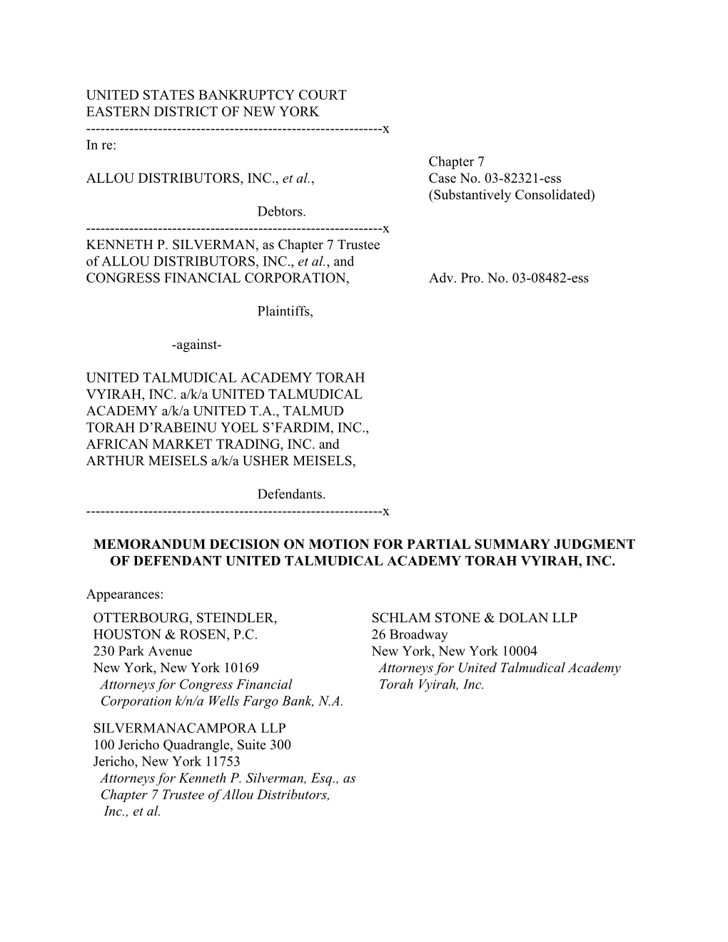 Memorandum Decision on Motion for Partial Summary Judgment of Defendant United Talmudical Academy Torah Vyirah, Inc