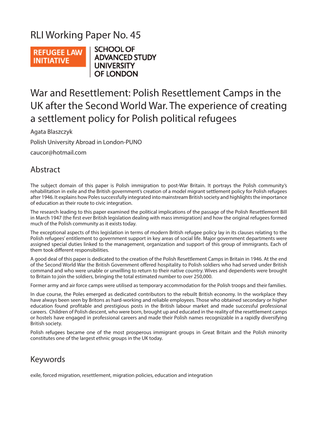 RLI Working Paper No. 45 War and Resettlement