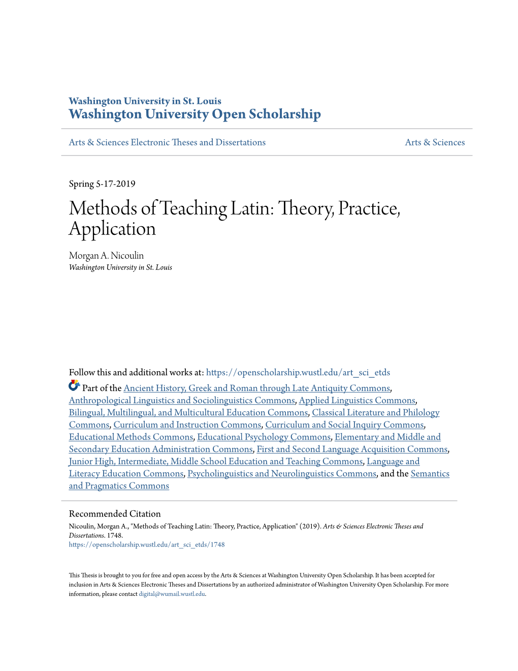 Methods of Teaching Latin: Theory, Practice, Application Morgan A