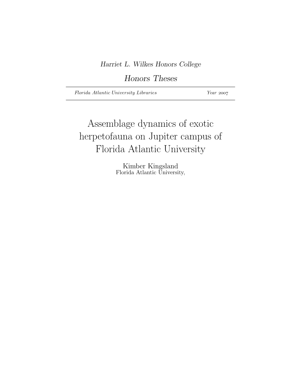 Assemblage Dynamics of Exotic Herpetofauna on Jupiter Campus of Florida Atlantic University