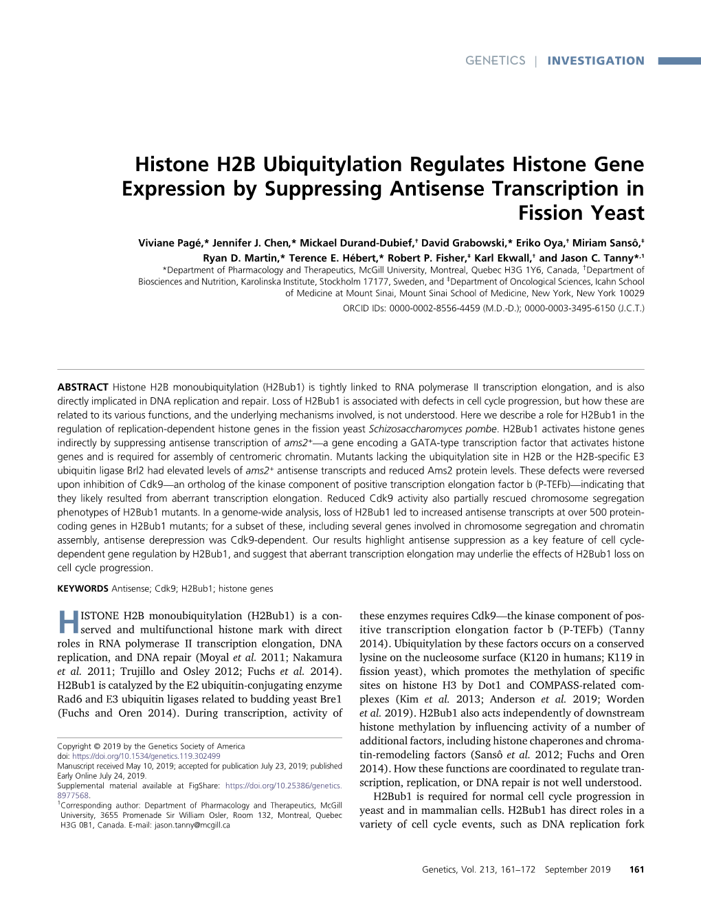 Histone H2B Ubiquitylation Regulates Histone Gene Expression by Suppressing Antisense Transcription in Fission Yeast